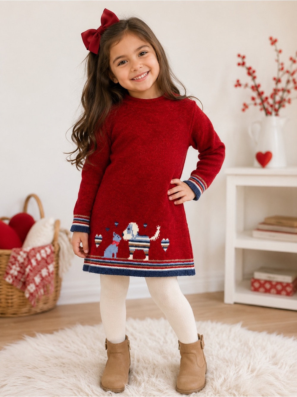 • Deux Par Deux • Kids / Girls Long Sleeve Knit Dress Dog with Hearts on the 6